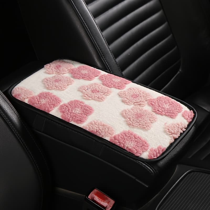 TEMU Short Plush Floral Car Center Armrest Box Pad, Winter Warm Artificial Plush, Fashionable, Beautiful And Car Interior Accessories