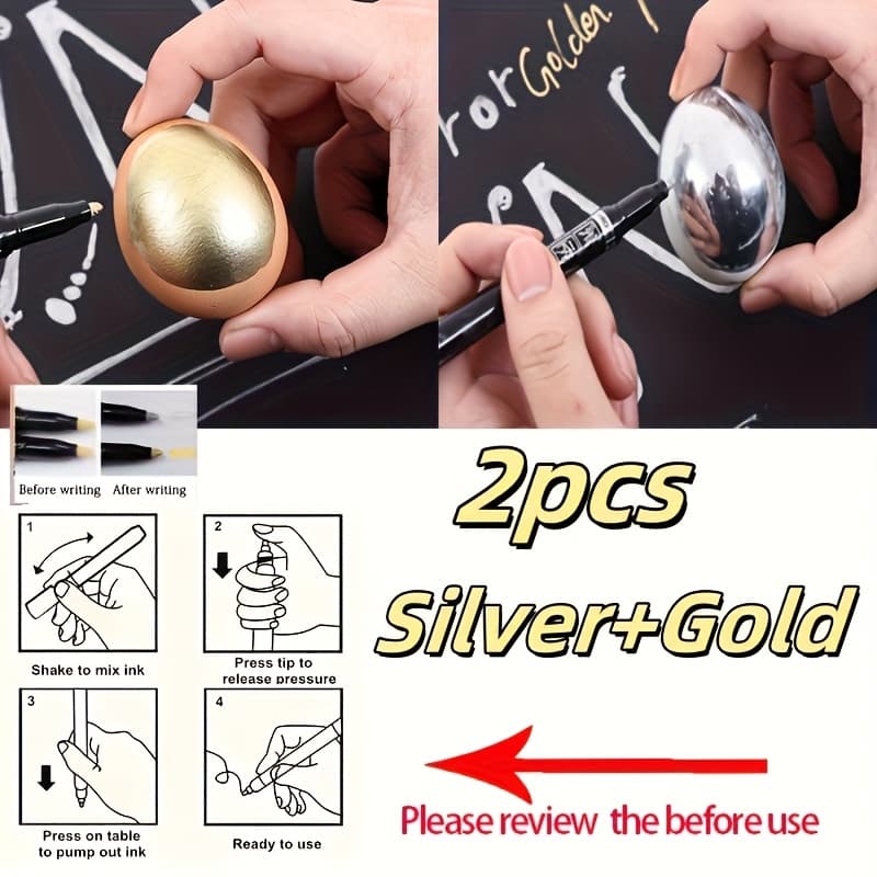 TEMU 2pcs, Pens - Golden And Silvery, High Visibility Writing Pen For Model Making, Art, Stone, Metal, Plastic & Paper Crafts, Easter Egg Decoration, Artist Birthday Gift