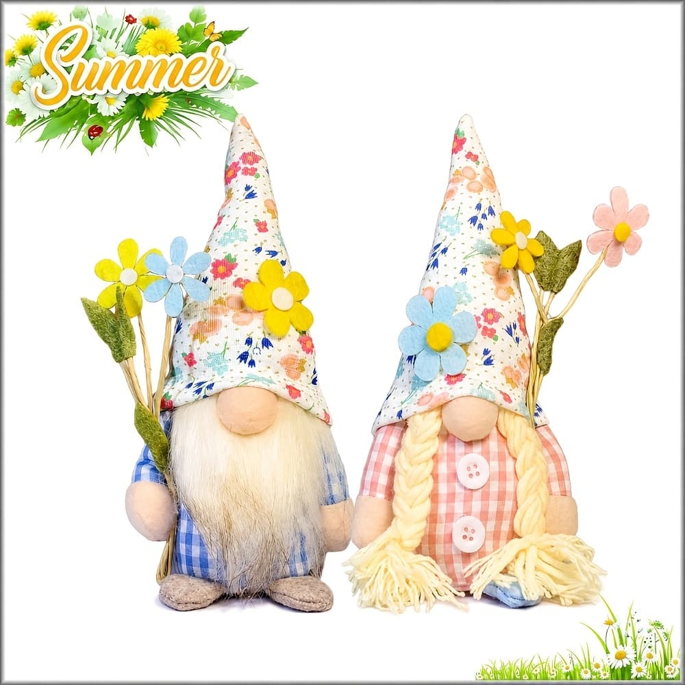 TEMU 2pcs Spring Summer Gnome Decor | Exquisite 7.5" Small Plush Ornament Summer Gnome Figurine For Home, Office, Holidays, Graduations, Birthdays, And Wedding Party Decoration