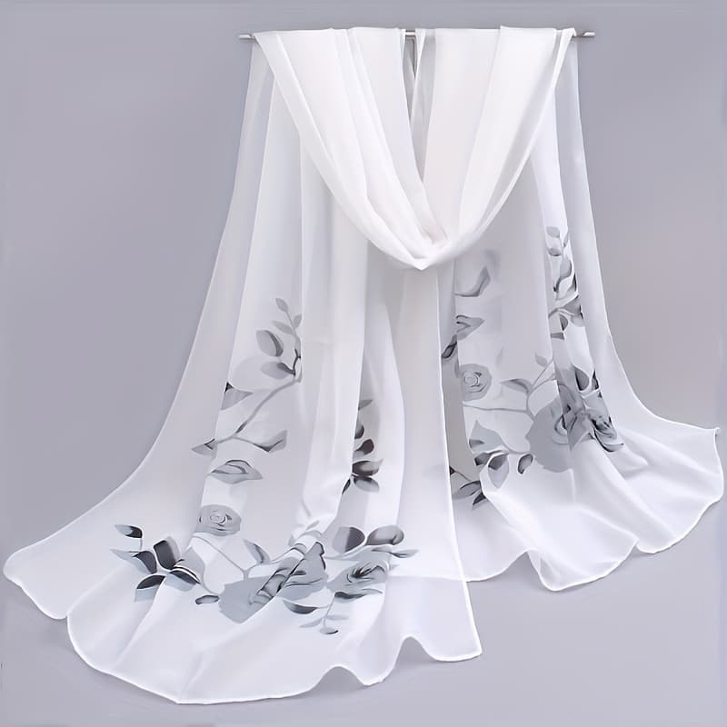 TEMU 1pc Women's Long Lightweight Scarf - Floral Print Elegant Design, Soft Sheer Fabric For Shawl, Beach Cover-up & Versatile Fashion Accessory, Hand Wash/, Scarf For Hair