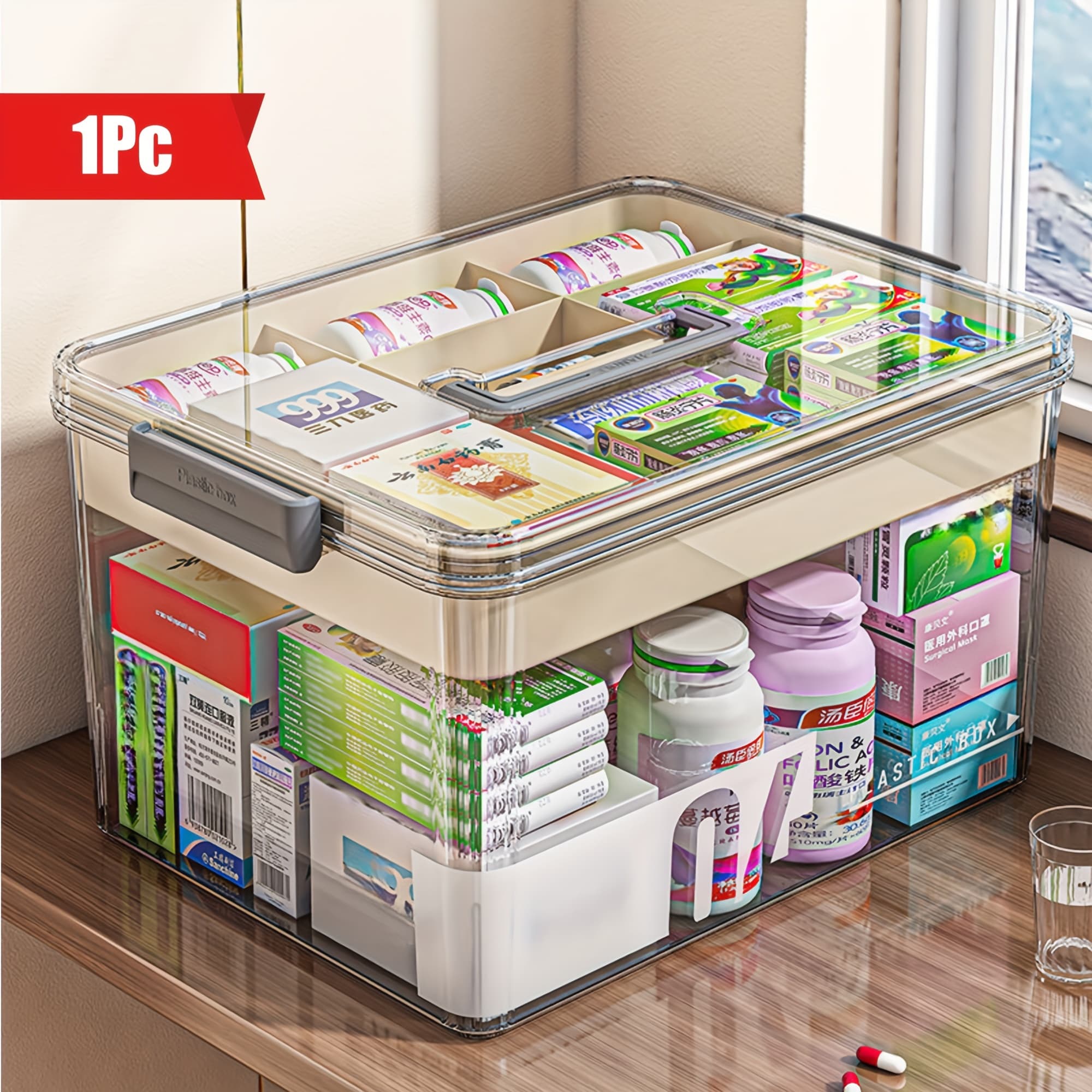 TEMU 1pc Large Capacity Medicine Storage Box With Handles - Durable, Multi-layered Plastic Pill Organizer For Household, Travel & Office Use - Secure, Space-saving Storage Solution