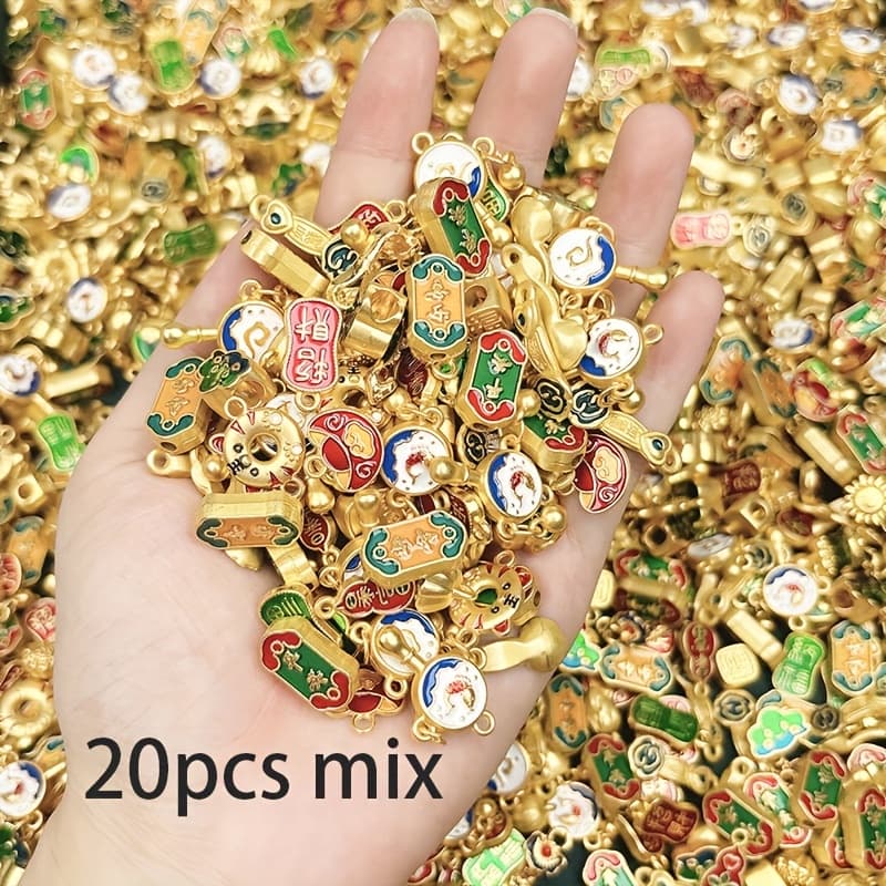 TEMU 20pcs Random Style Chinese Pendants, Golden And Red Alloy Beads, Diy Bracelet Accessories, Chinese Bracelet Components Suitable For Jewelry