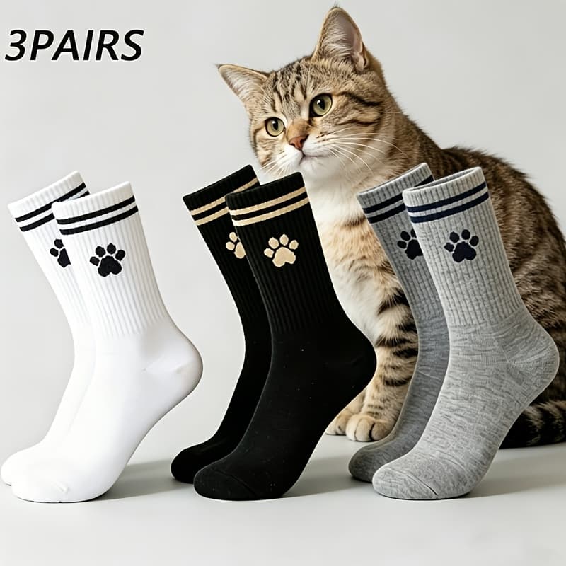 TEMU 3-pair Pack Women's Mid-calf Socks - Two-stripe Cat Scratch Pattern, Multiple Colors - Fashionable Preppy Style Casual Wear, Cute Socks, Durable Everyday Socks