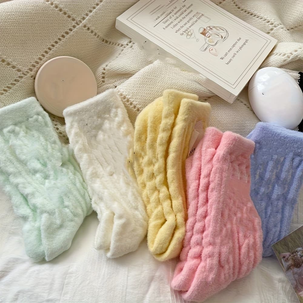 TEMU 5 Pairs Of Stylish Thermal Mid-calf Socks For Women, Soft And Socks In Macaron Colors, Featuring A Of Pastel Shades, Suitable For Indoor And Outdoor Wear, Perfect For Autumn And Winter Days