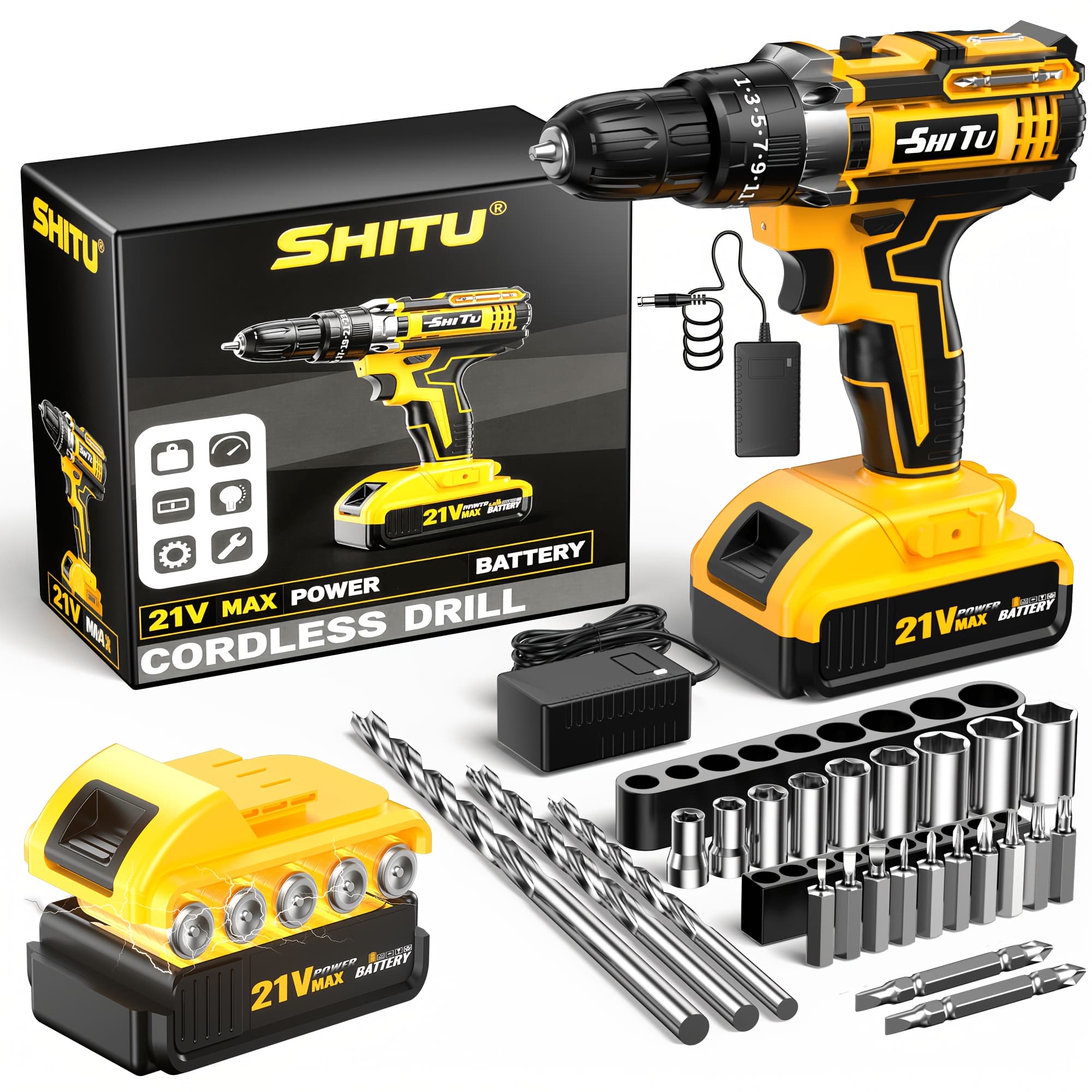 TEMU 2026 21v Cordless Drill With Tool Box, Fast Charge Rechargeable Electric Drill Set With 2 Batteries, Portable Drill Driver Kit With Hand Tools & Bits For , Gifts For Dad And Men