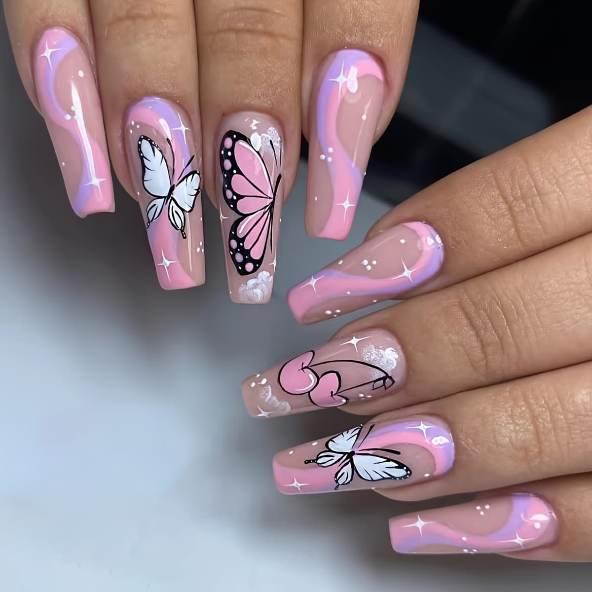 TEMU 24pcs Long Ballet-shaped Pressed Fake Nails With , Cherry, And Designs, - Includes Jelly Glue And Filing Strips For , Pressing, Suitable For