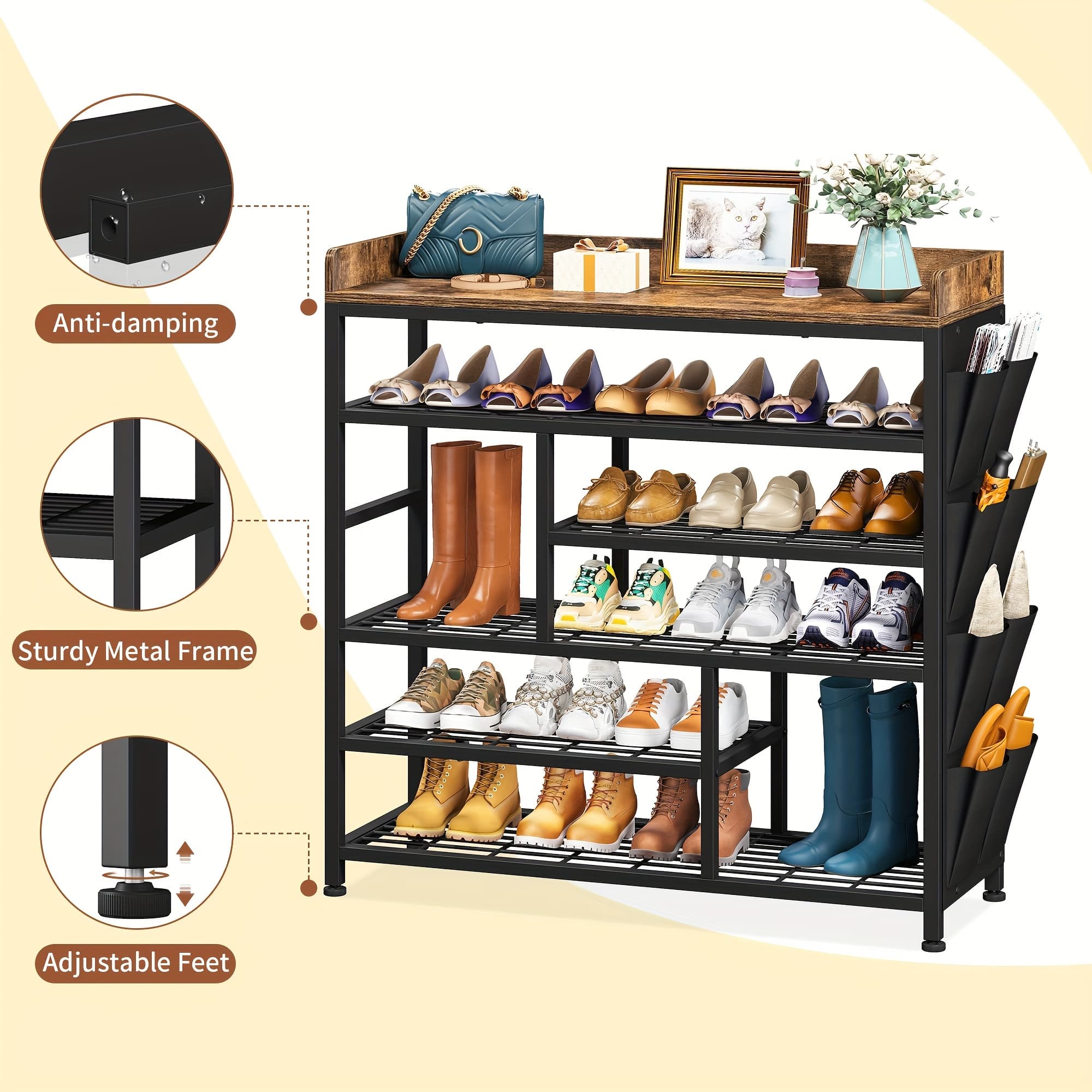 TEMU Metal Shoe Rack For Entryway, 6 Tier Shoe Storage Organizer Holds 22 Pairs, Wooden Top And Side Pocket For Entry, Entrance, Hallway, Black