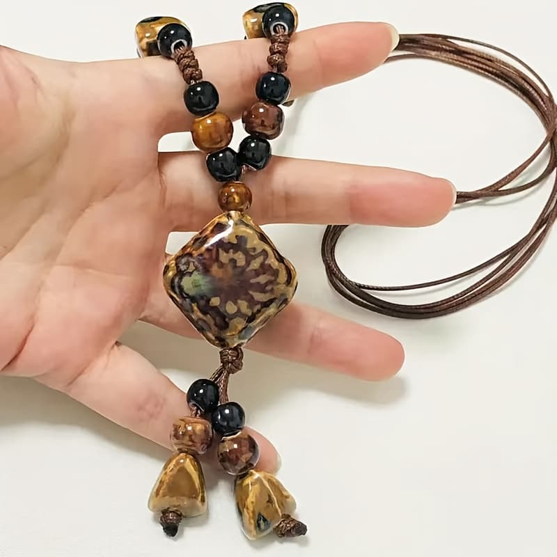TEMU A Long Ceramic Sweater Necklace With A Bohemian Style, Featuring A Easy Versatile And Artistic, Perfect As A Gift For Or Mothers On Special Occasions