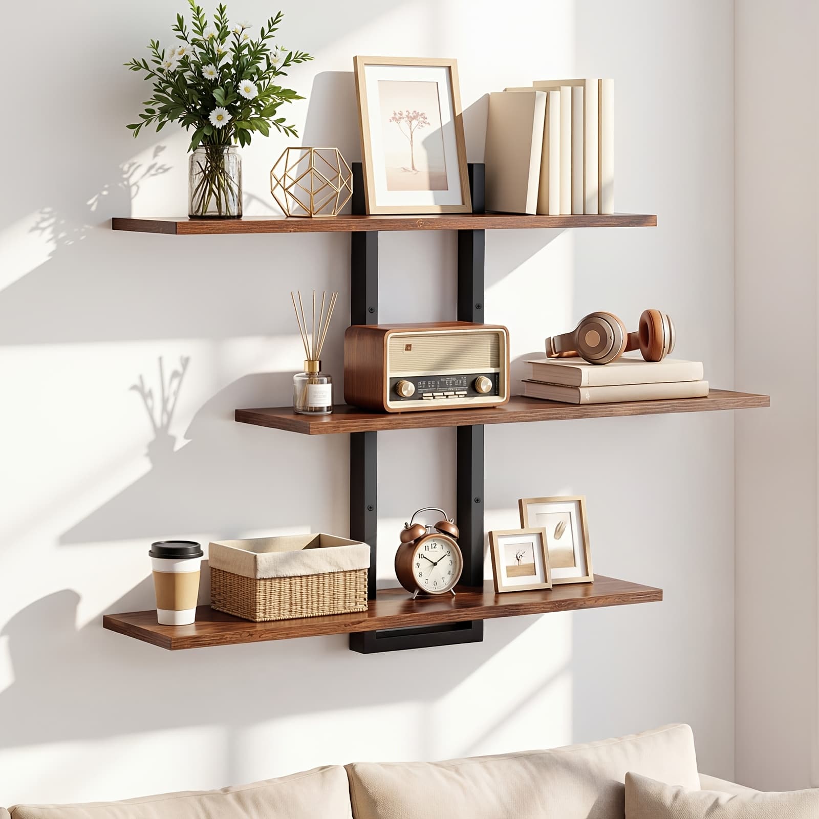 TEMU Floating Shelves For Wall, Wood Wall Shelves For Kitchen, 3 Tier Shelves For Wall Decor, Decorative Hanging Storage Shelf For Bedroom Room, Rustic Brown And Black