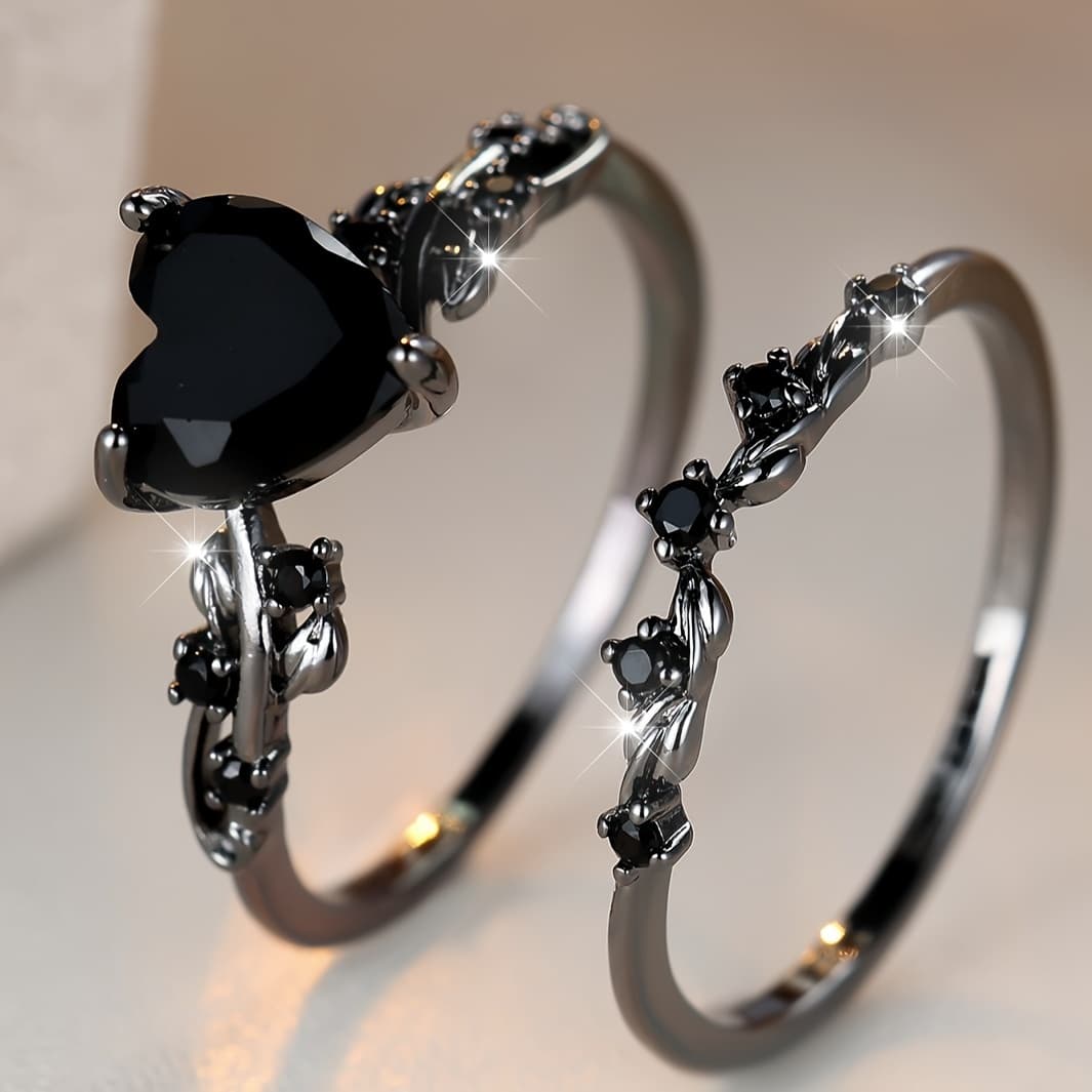 TEMU 2 Pcs, Vintage Heart Shaped Black Synthetic Zirconia Copper Ring Stackable Ring Set For Halloween Valentine's Day Gifts For , Durable, Shiny Accessories