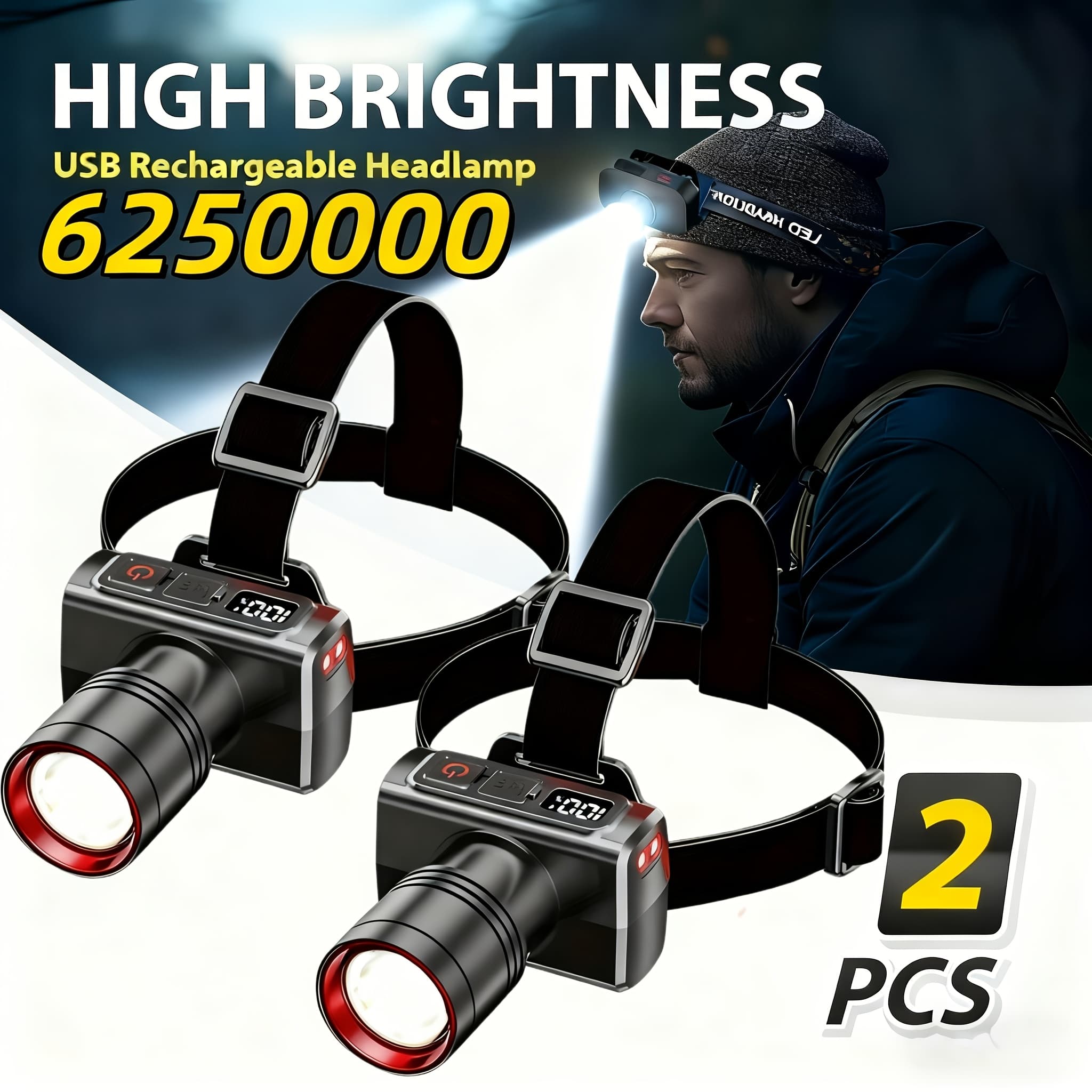 TEMU 2pcs Portable Headlamp, 3 Light, Rechargeable, Portable Headlight For Night Fishing Suitable For Camping And Outdoor Activities, Durable And Convenien, Telescopic Zoom, Long , Novelty Gift