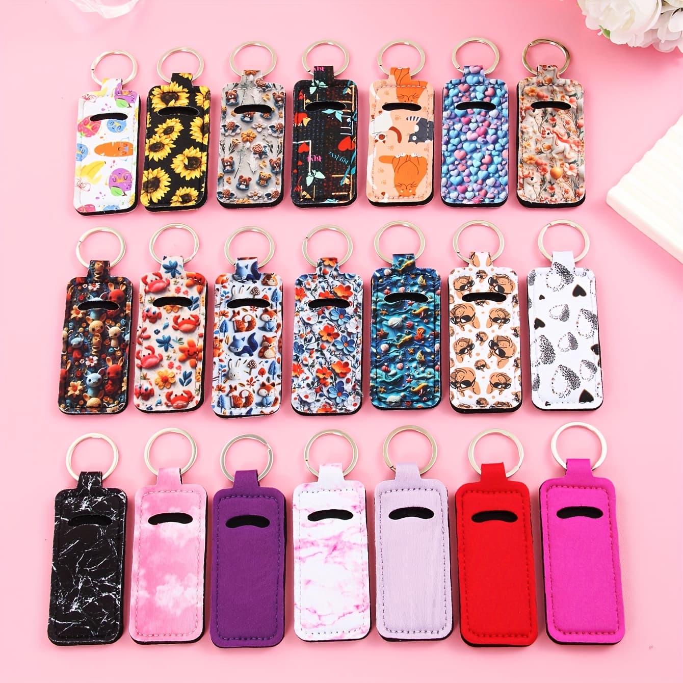 TEMU 21pcs Lipstick Holder Keychain Bulk Neoprene Lipstick Gloss Lipstick Pouch With For Lipstick Lanyard Birthday Key Ring Holder, Multiple Colors, Modern.