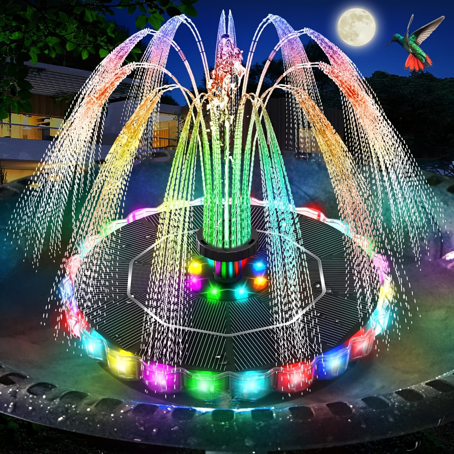TEMU Solar Fountain, 2026 Upgrade 3.5w Solar Bird Bath Fountains With Colorful Ring Ledlights, 1800mah Battery, 8 Nozzles And 4fixers, Solar Water Fountain Pump For Pond, Pool, Patio And Garden