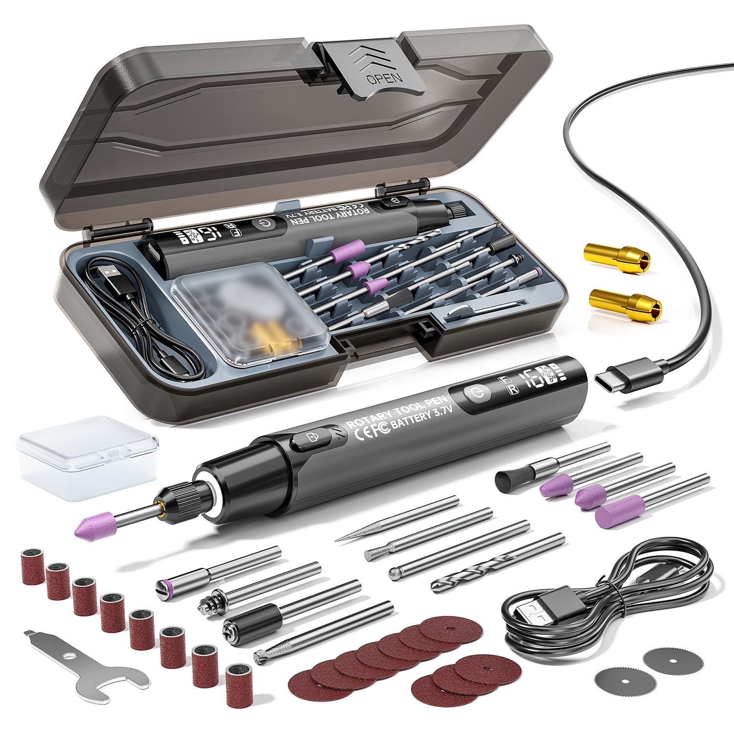 TEMU 40-in-1 Handheld Mini Rotary Tool Kit, 6-speed Usb Rechargeable, With Led Light And Lcd Display, 3.7v 16000rpm, Suitable For Crafts, Precision Sanding, Polishing And Drilling