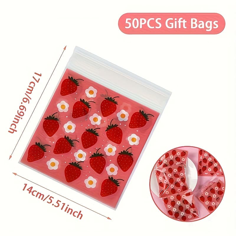 TEMU 50pcs Of Self-sealing Gift Bags With A Strawberry - Red Transparent Plastic Bags Ideal For Small Gifts, Perfect For Birthdays, Weddings, 's Parties, And Events | Festival Decor | Printed Design