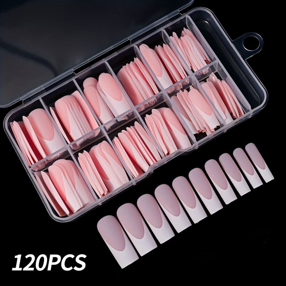 TEMU 120pcs French Style Long Square Press On Nails,full Reusable False Nails For Women S, With Fake Nail Tips Kit For Female And S Diy Manicure Arts