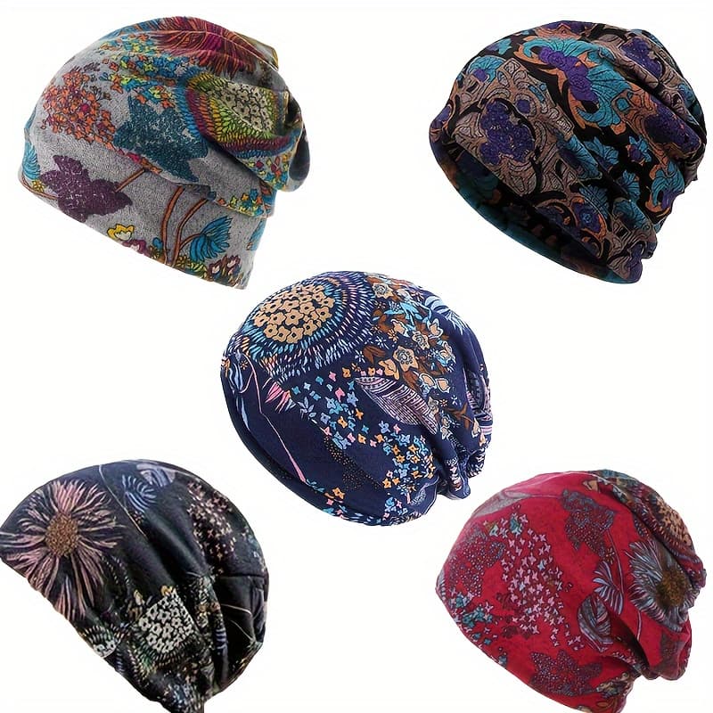 TEMU 5pcs/set Boho Flower Printed Pee Wee Hat, Men's And Women's Vintage Brimless Hat, Multi-functional Neck Cover, Warm Stretchy Chemo Hat For Fall And Winter, Ideal Gift For All