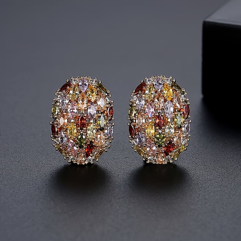 TEMU Leran Si Colorful Shiny Ladies Stud Earrings Copper Inlaid Mixed Color Cubic Zirconia Ear Clips Earrings Women's Fashion Popular Temperament Jewelry
