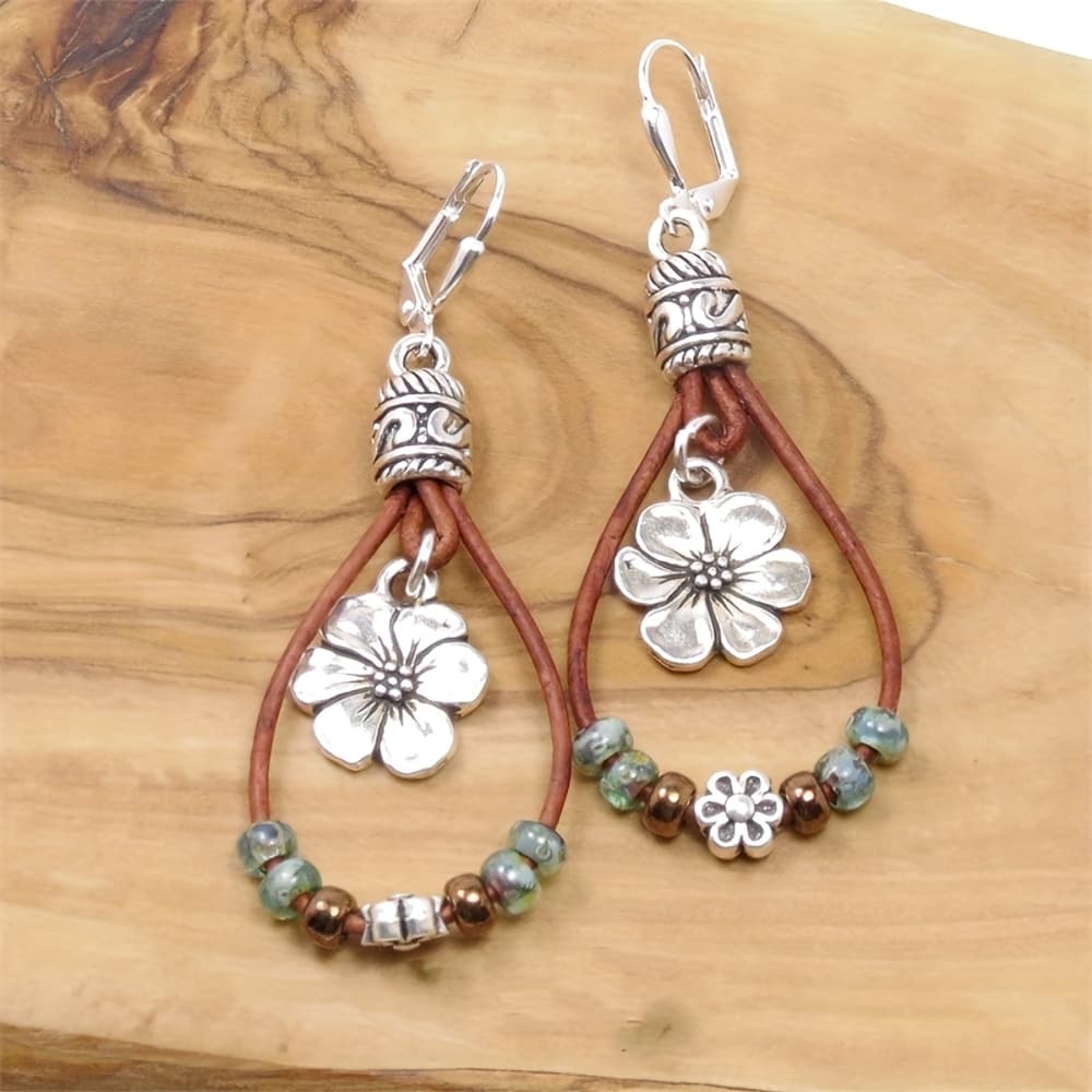 TEMU 1 Pair Bohemian Leather Rope Flower Drop Girls Ladies Beaded Earrings Party Christmas Birthday Gift