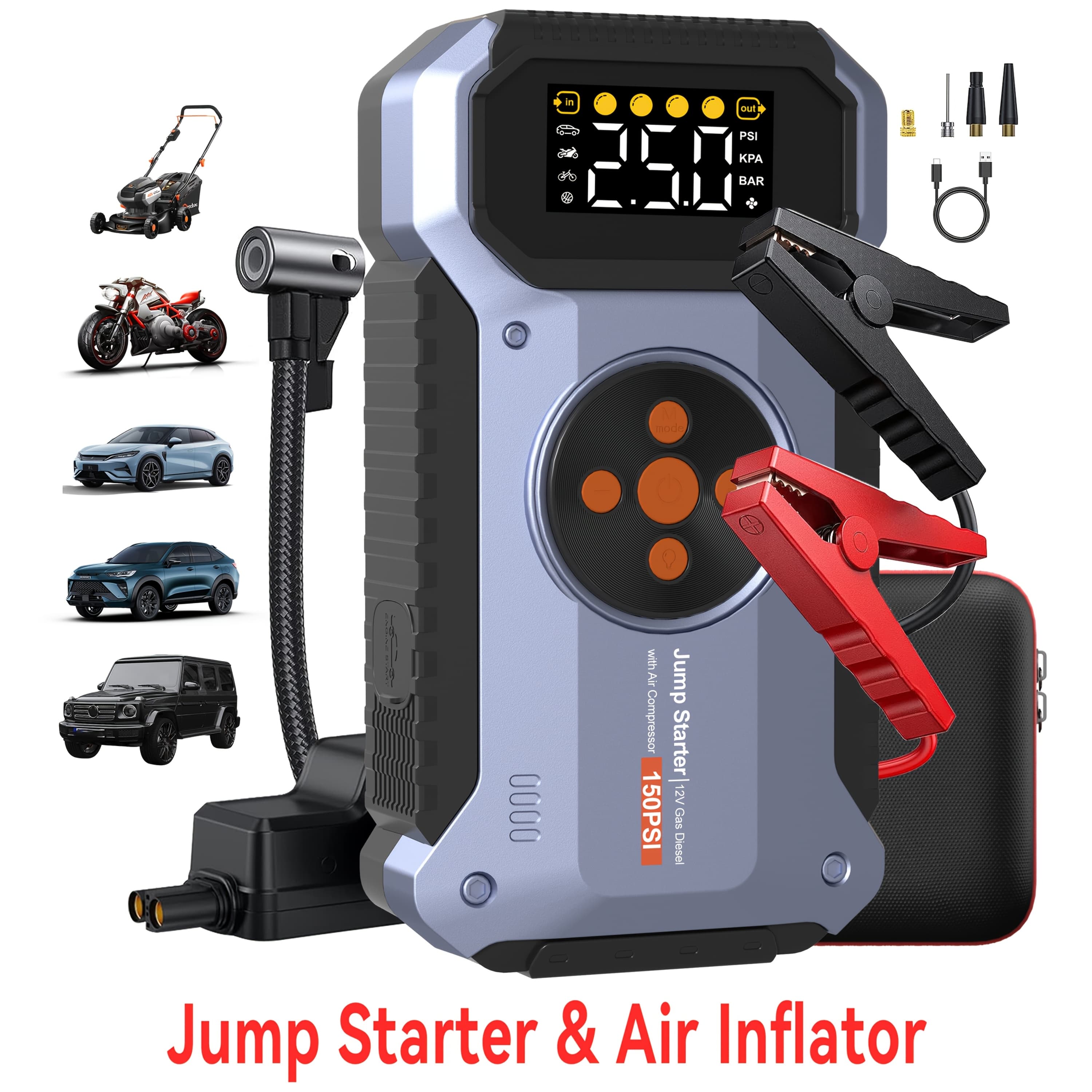 TEMU 6000a Car Jump Starter With Air Compressor | Portable 12v Car Battery Booster, 150psi Tire Inflator For 7.5l Gas/6.0l , Led Emergency Lighting, Rechargeable Lithium Battery, Usb Dual Use