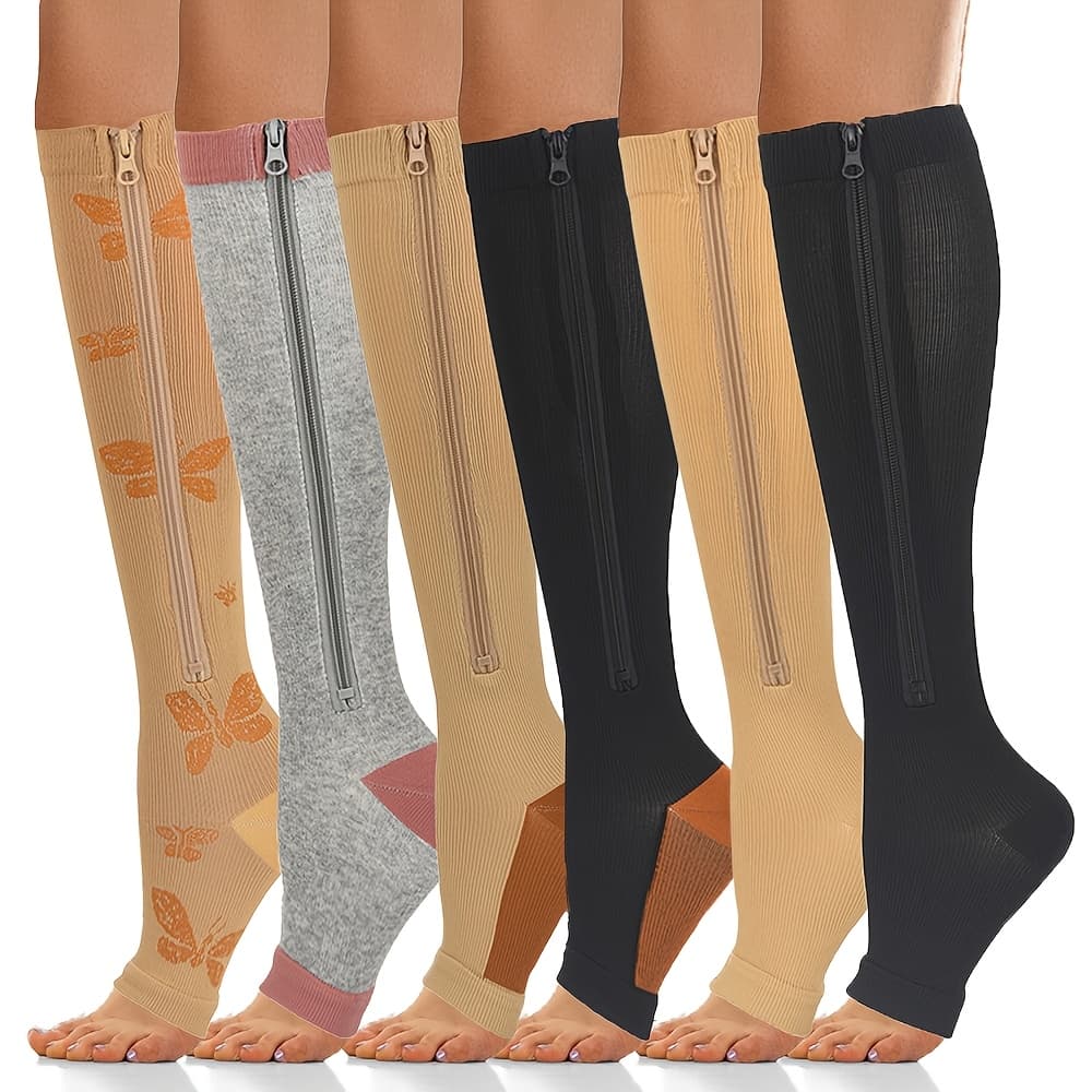 TEMU 6 Pairs Of Zipper Compression Socks, And Thigh-high, Open-toe Design, Compression Stockings For Men And Women, High-quality Nylon Fabric, Perfect For Athletes, Travel And Fitness