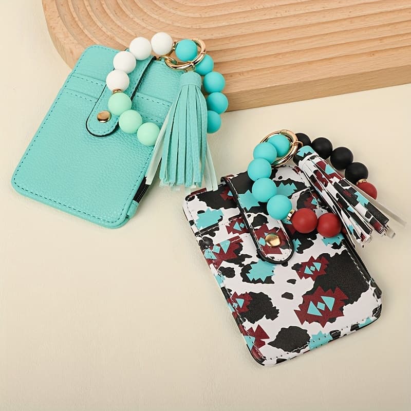 TEMU 2pcs/set Fashionable Western Cowboy Bag Handmade Beaded Women's Keychain Women's Wallet Card Holder Gravel Pattern Leopard Pattern Cow Pattern Wrist Key Ring Gift For Gift For Mom Card Bag Gift