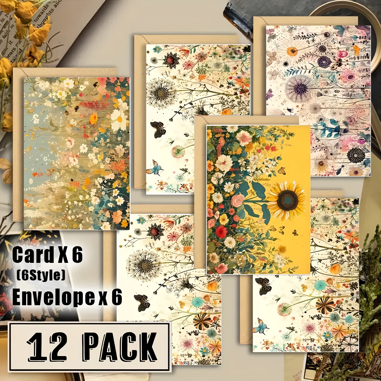 TEMU 12pcs Watercolor Style Holiday Wreath Mixed Pattern Writing Cards With Envelopes, Cards, Birthday Greeting Cards, Writing Cards, Writing Cards Set