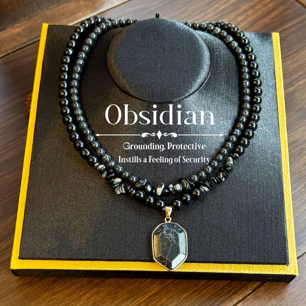 TEMU 2pcs/set Grounding Protection Obsidian Beaded Necklace, Natural Stone Pendant Double Layer Stacking Necklace Set, Women's Fashion Jewelry Gift For Family Or