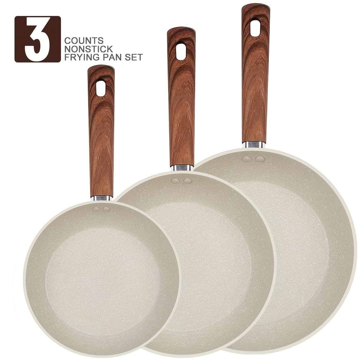 TEMU 3pcs Kitchen Cookware Set Wooden Handle Frying Pan Stir-fry Pan, Multiple Sizes Breakfast Pan, Suitable For Parties Christmas Thanksgiving Holidays , Universal For All Stovetops (white)