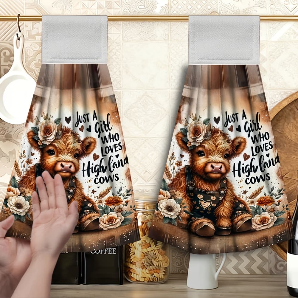 TEMU 2pcs Highland Cow Girl Pattern Print Hanging Hand Towel Kitchen Hand Towels With Hanging Loop Soft Microfiber, Water Absorbent, Fine Suitable For Bathroom, Toilet, Carnival, Decor Gift