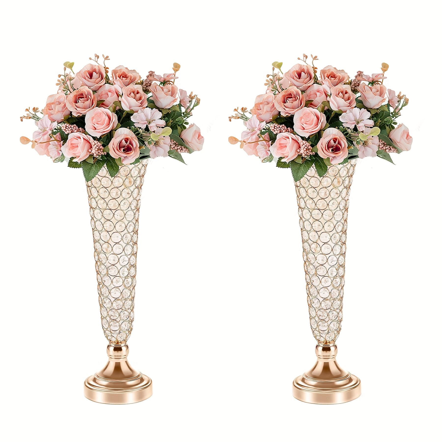 TEMU 2pcs Of Trumpet Floral Vases, Wedding Centerpieces For Table, 20" Metal Crystal Vases, Display Stands For Party Dinner Event Anniversary Ceremony Birthday Home Decoration