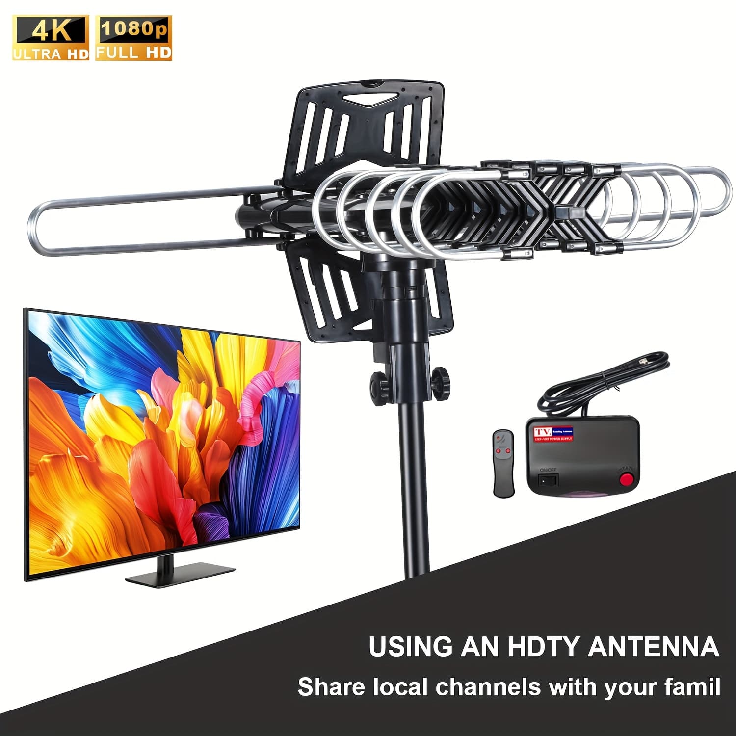 TEMU 300+ Mile Range Outdoor Tv Antenna - Uhf Vhf 1080p 4k, Support 2 Tvs, 360 Degree Rotation, Wireless Remote Control, 25ft Rg6 Coax Cable, 16.5-inch Mast (black), For Attic/roof Mount