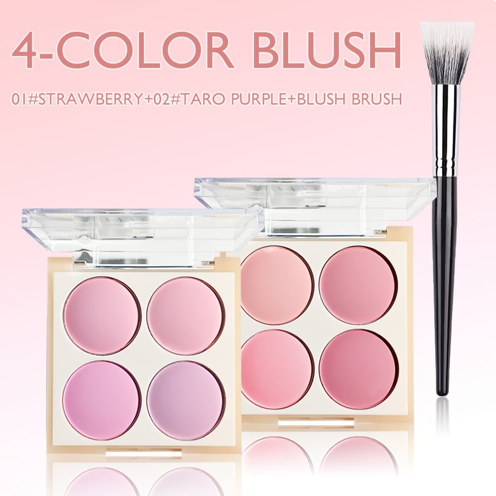 TEMU [ ] 4-color Blush Palette With Brush | Low-saturated Powder Compact With Soft Gradient Matte & , High Quality Lightweight Formula For Buildable Coverage, Waterproof Light Pink To Red Tones Blush