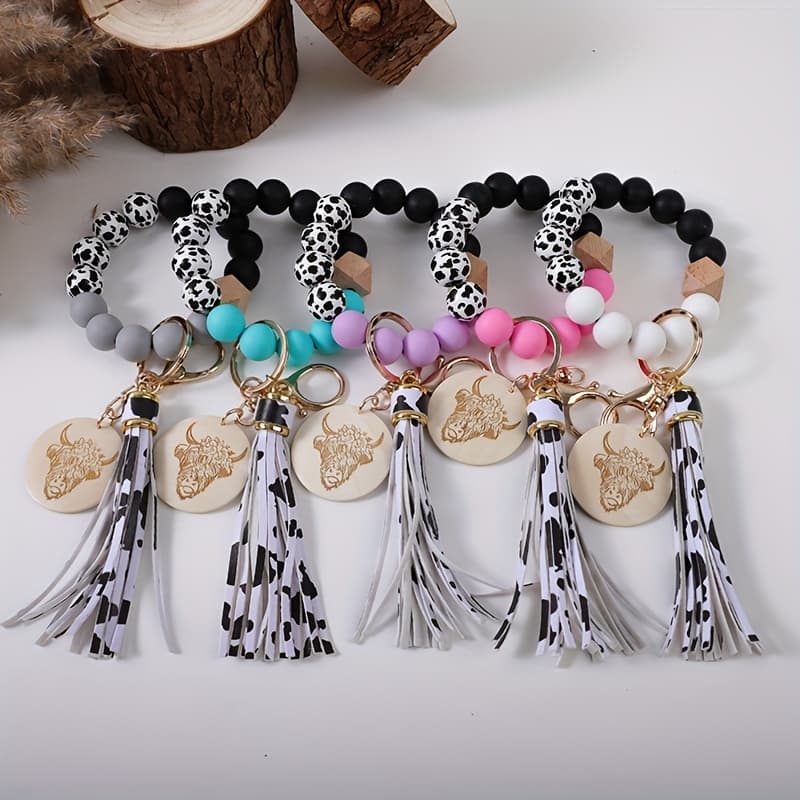 TEMU 5pcs Western Cowboy Wood Bead Keychain With Leopard Print Charms - Cowgirl Lobelium Beads & Lobster Clasp For Women's Key, Rustic Western Suitable For Parties, Festivals, Daily Use - Holiday Gift