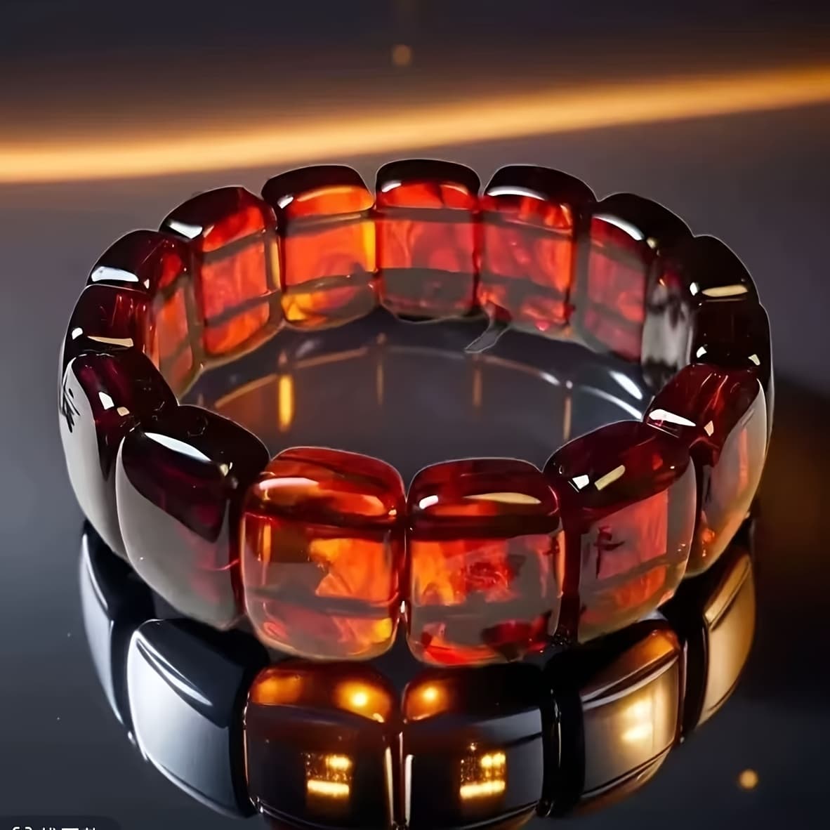 TEMU Natural Blood Amber Bracelet - Bohemian Style Polished Red Amber Beads, Straight Cut Wristband, Unisex Fashion Accessory, Durable Bead Art
