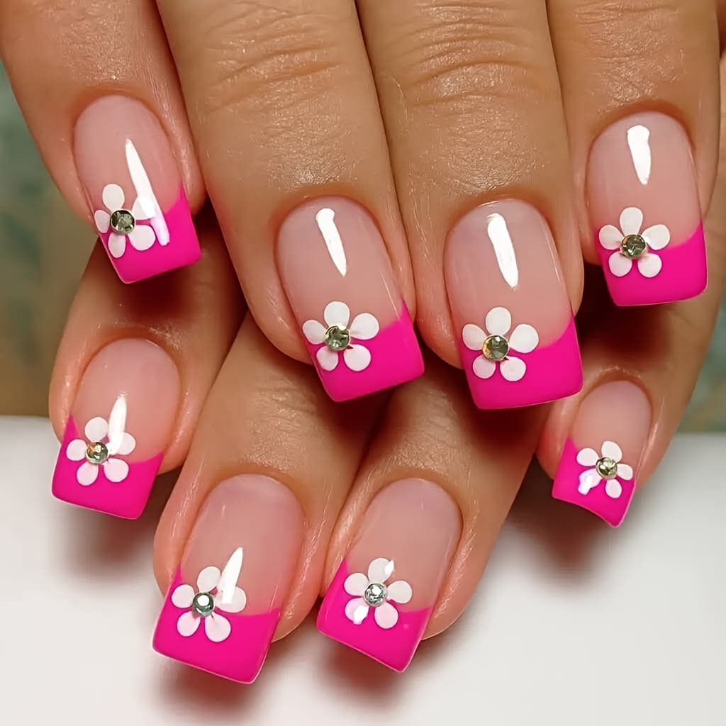 TEMU 24 Medium Square Flower Pattern Wearing Nails | Glossy Finish, Detachable, Machine- Artificial Nails