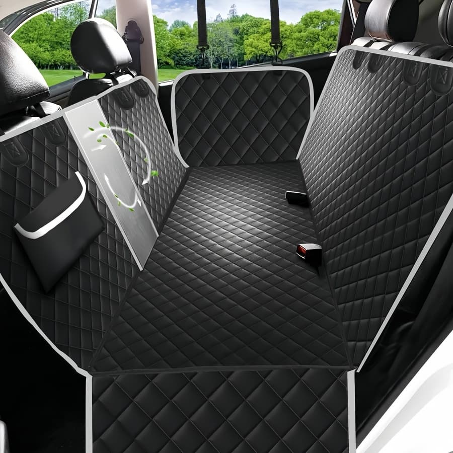 TEMU Durable Nylon Dog Car Seat Cover With Mesh Windows & Storage Pockets, Scratchproof & Non-slip Pet Hammock, Universal Fit For Cars, Trucks, Suvs - Black With Green Leaf Design, Pet Car Accessorie