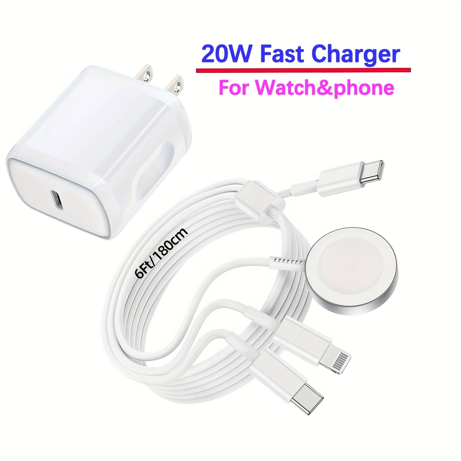 TEMU For Watch Charger [mfi Certified] 3in 1 Magnetic With Usb-c Fast Charging Cable 6ft With 20w Wall For Iphone Watch Series Ultra Se 6 5 4 & Iphone 16/ 15/ 14/ Galaxy S23