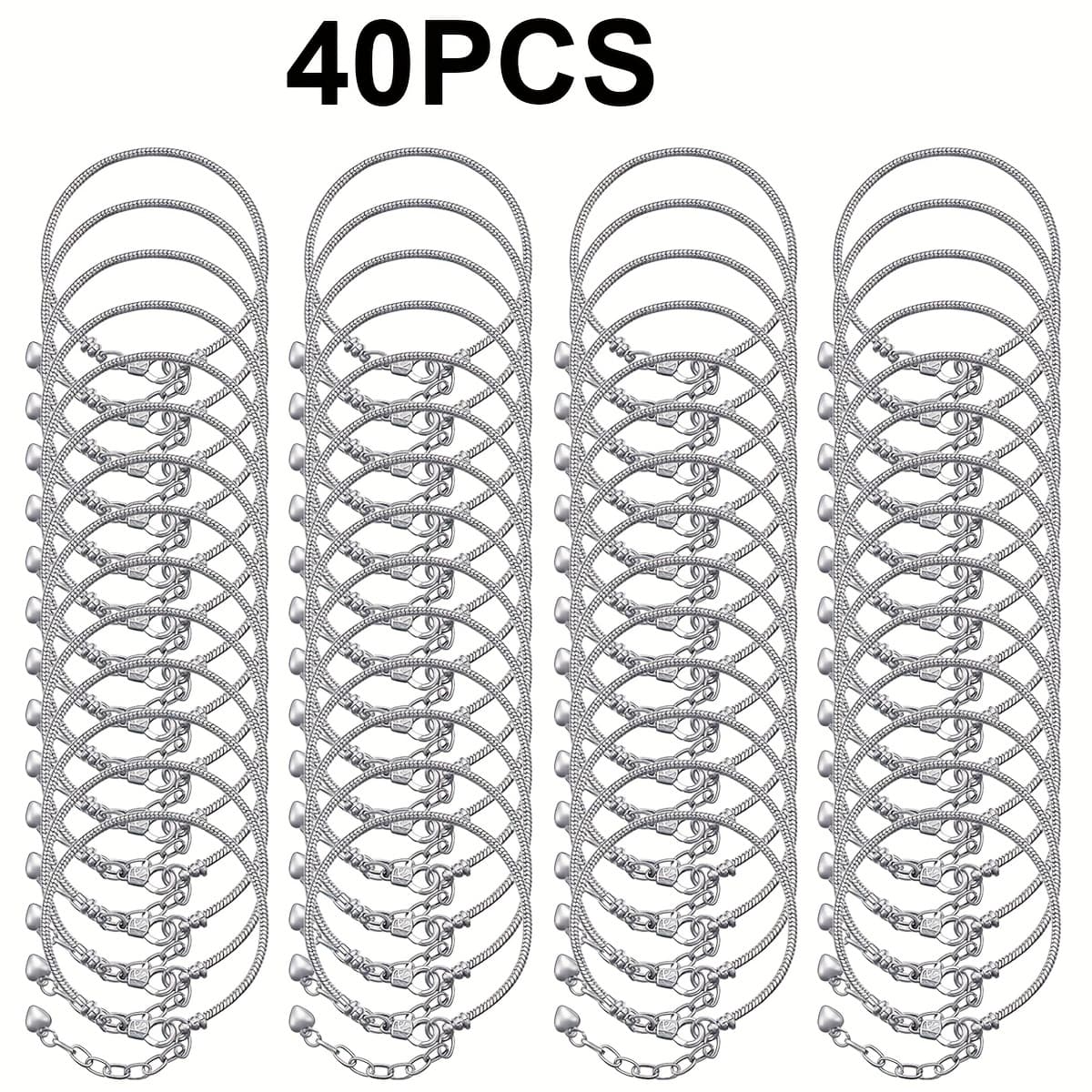 TEMU 40pcs/set Adjustable Snake Chain Bracelet, Diy Bead Pendant Bracelet With Heart Extension Chain, Suitable For Jewelry Making