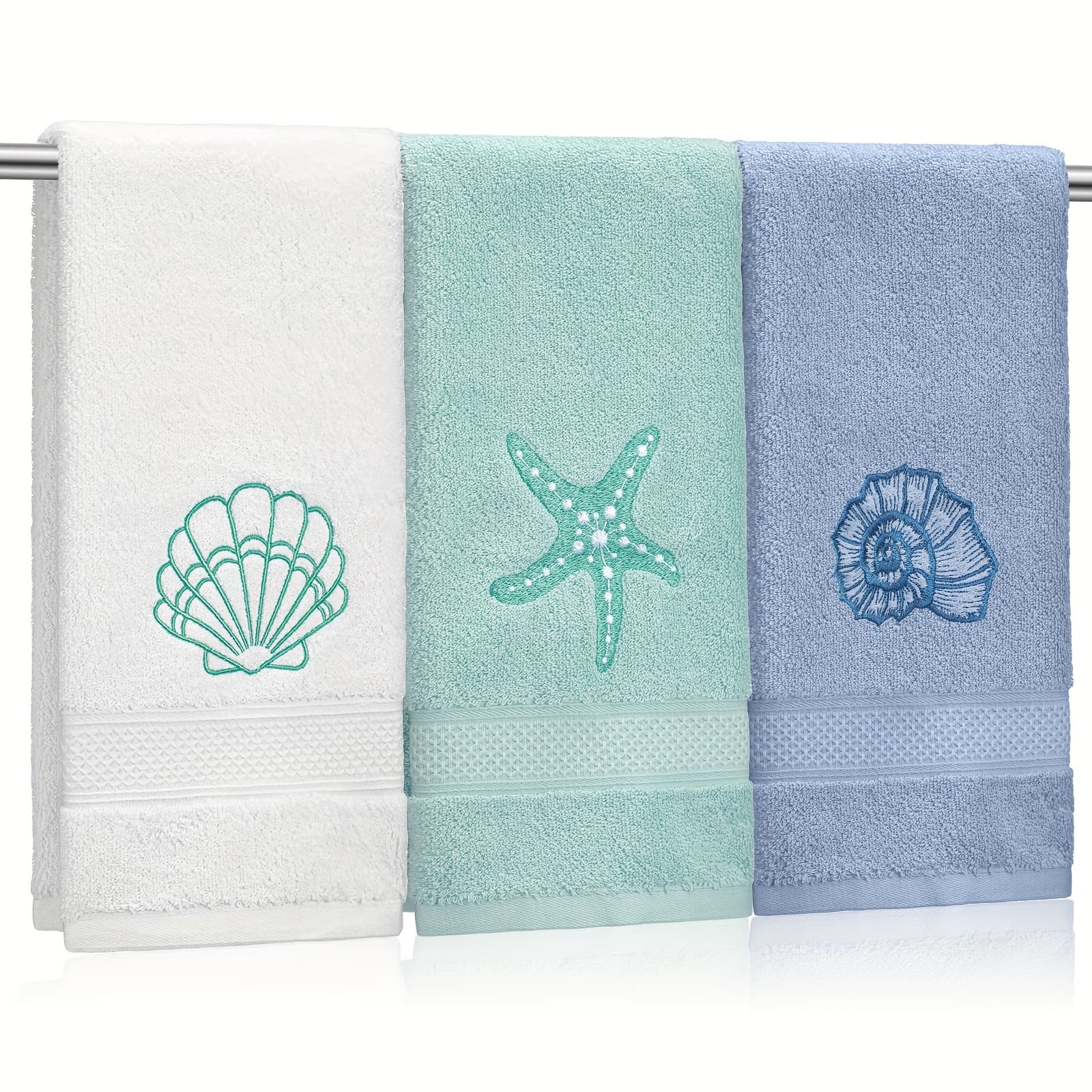 TEMU 3 Pack Coastal Hand Towels For Bathroom 100% Cotton Embroidered Bathroom Towels 13.78 X 29.53 Inch Soft Absorbent (classic, Ocean), Wash Cloths
