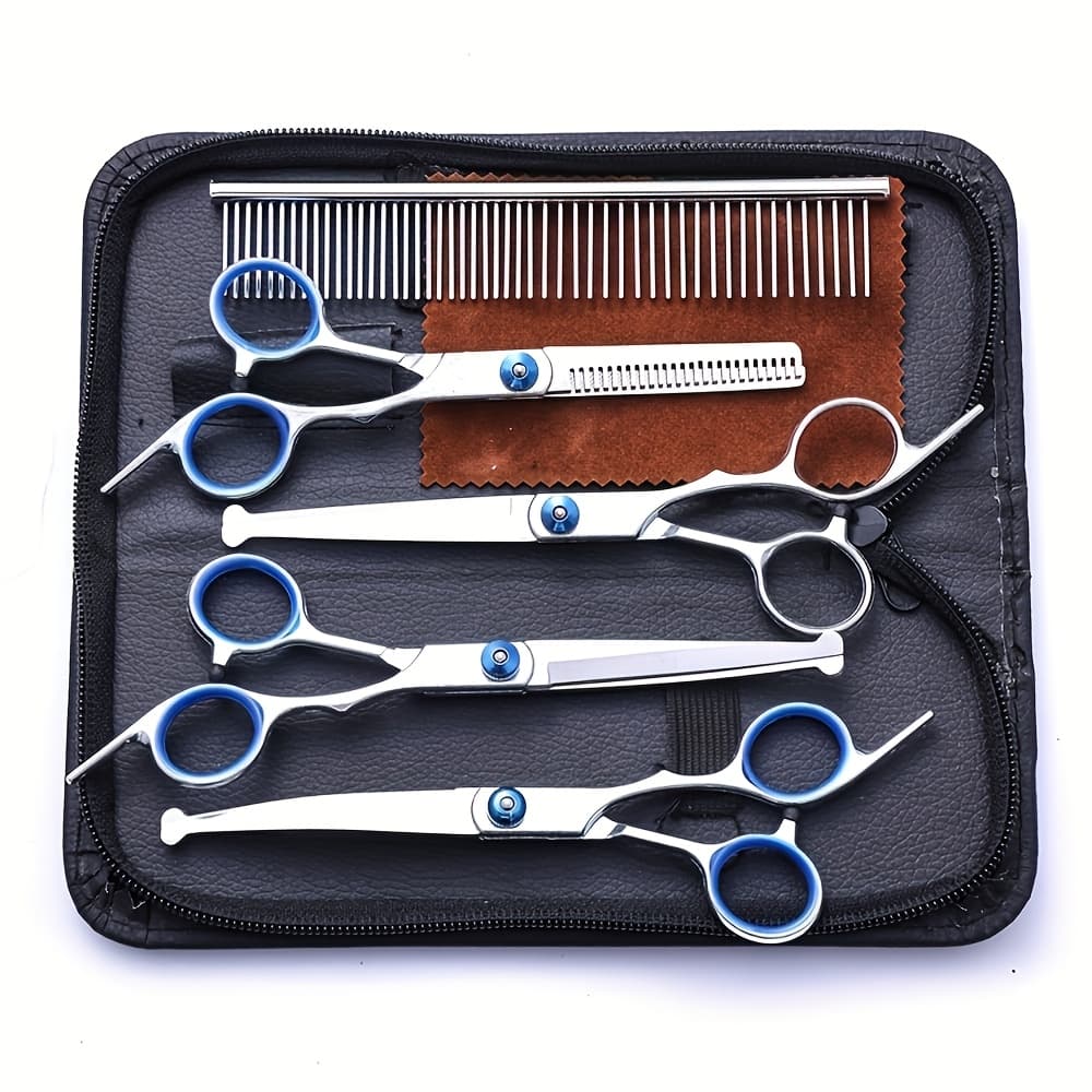 TEMU Professional 6-in-1 Heavy Duty 4cr Stainless & Grooming Scissors With Safety Round Tip, Handles & Storage Case - Multi- Pet Clippers For Dogs, Cats, Small Animals, Grooming Tools | Metallic