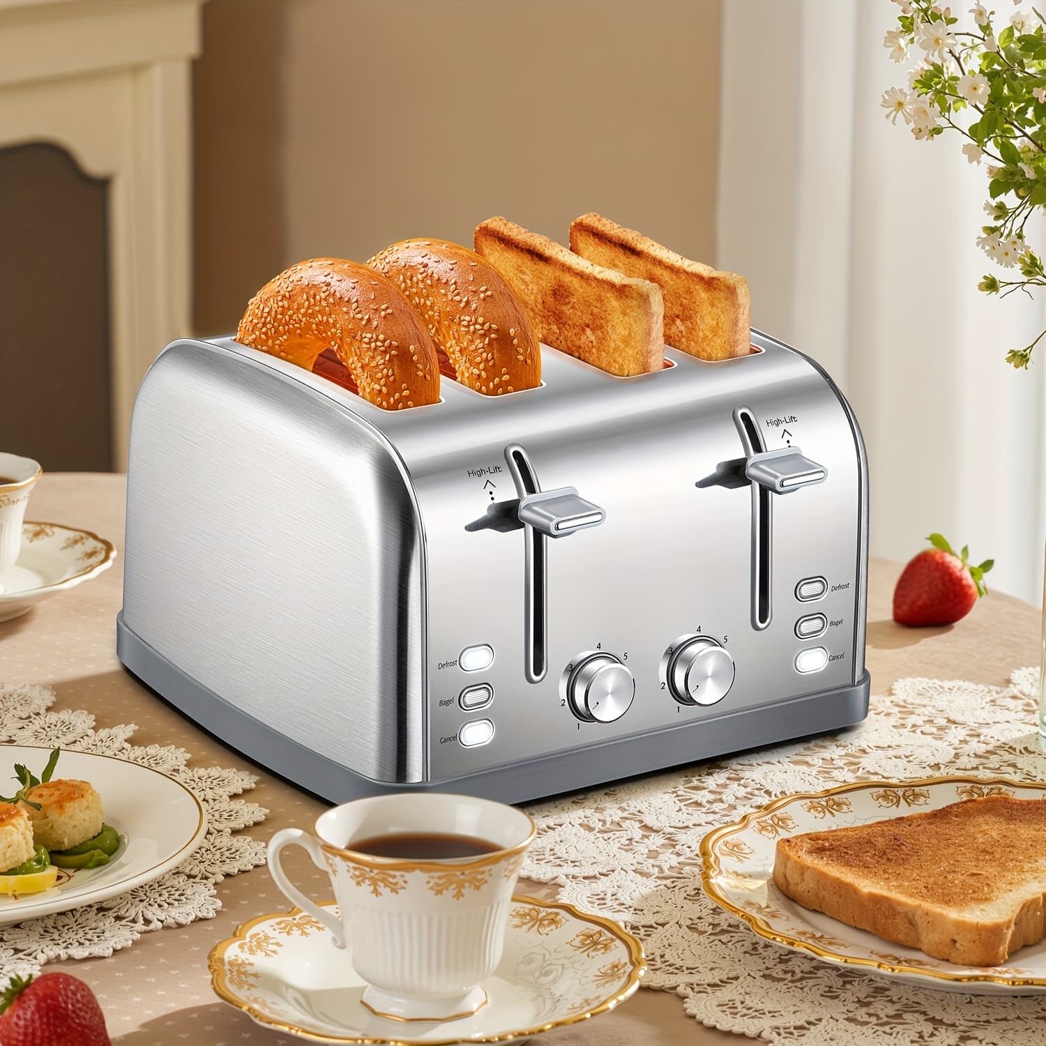TEMU 4- Toaster With 7 Shade Settings & Warming Rack, Extra-wide Slots, / Bagel/ Cancel Functions, Removable Crumb Tray, Stainless Steel