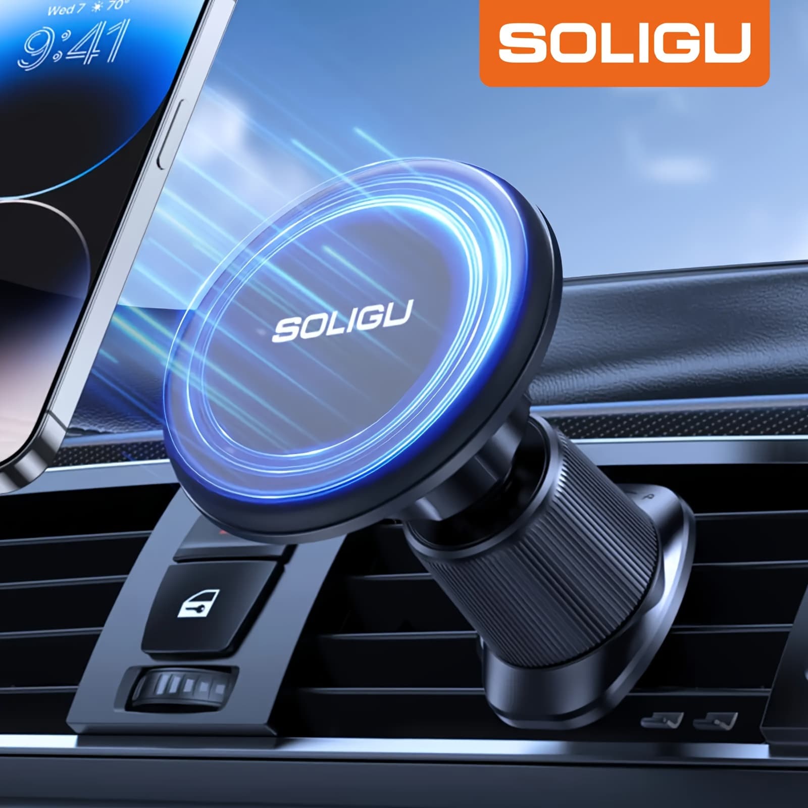TEMU Soligu Magnetic Car Phone Holder Performance Versatile For Iphone For Unique Dual-hook Fixation Ensuring Driving Pleasure At , Travel Essentials, Driving, Modern Mount, Sleek