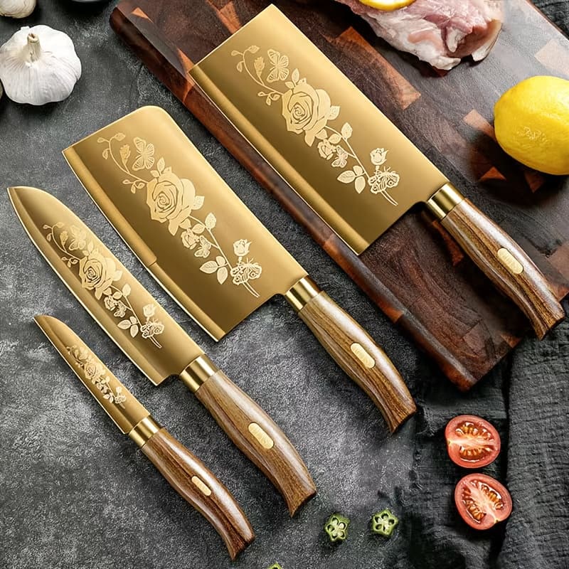 TEMU 4pcs Golden Stainless Steel Kitchen Knife Set, Bone Knife, Kitchen Knife, Chef Knife, Fruit Knife, Titanium Plated Craft Knife Combination, Very Suitable For Food Preparation, Kitchen Knife Set