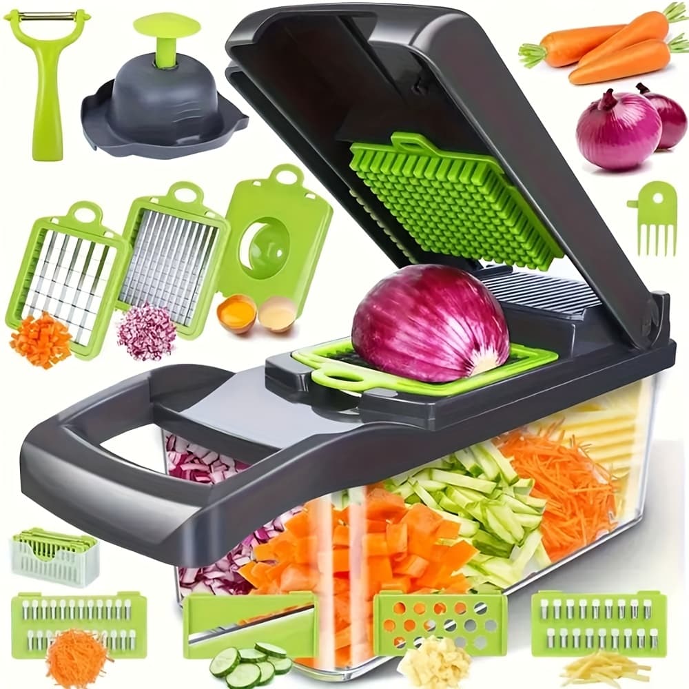 TEMU 16-in-1 Manual Vegetable Chopper Set | With 8 Stainless Steel , 304 Container, Peeler, And Filter | Preparation, Professional Onion, Carrot, And Garlic Slicer | Kitchen Supplies