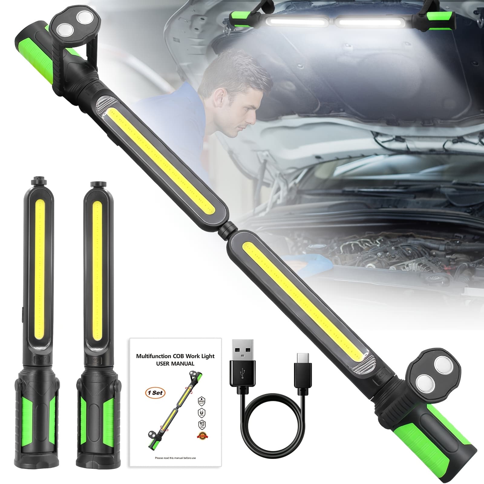 TEMU Rechargeable Cordless Magnetic Led Work Light With Magnetic Base & Hook - Portable Mechanic Light, Adjustable Brightness For Car Repair, Workshop, Emergency, , - /outdoor Use
