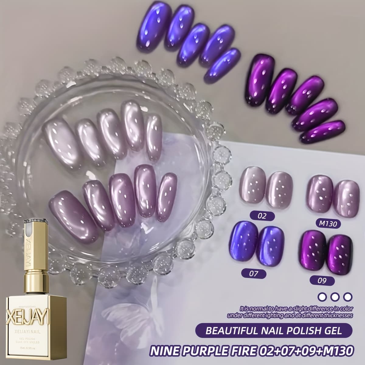 TEMU Xeijayi Frame Bottle 9 + - A New Set Of Nail Art Featuring Cat Eye Gel In 4 Colors, Showcasing An Ultra-glossy Glass Bead Effect With A Purple Iridescent End