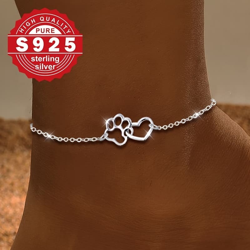 TEMU A Women's Ankle Chain, S925 Pure Silvery Ankle Chain, Sewn With Heart-shaped Footprints, Unique, Suitable For Gift , Women's Gift, Suitable For Beach, Vacation, Daily Wear, Low Allergy