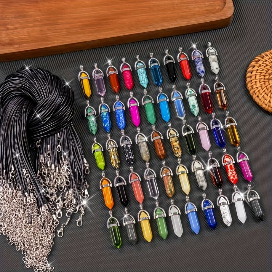 TEMU 40pcs / 20 Sets Of Assorted Mixed Color Hexagonal Stone Pendants With Black Leather Necklace Chains For Jewelry Crafting, Everyday Use, And Gift