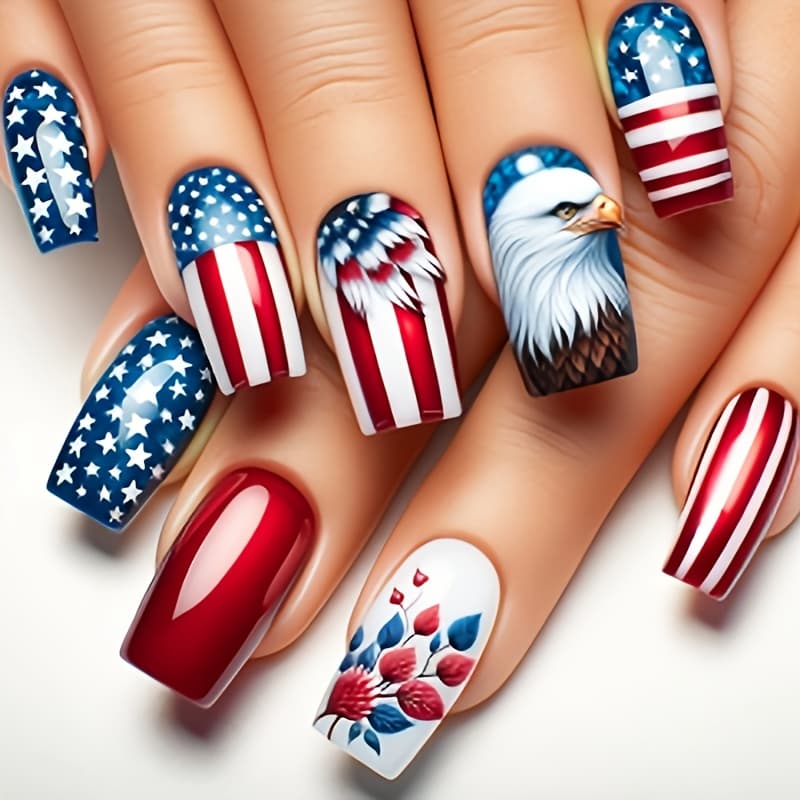 TEMU Set Of 48 Medium-long Square Artificial Nails Designed For Day, Featuring A Bald Eagle And American Flag Motif. Fake Nails Come In Red, White, And Blue Polish, Use